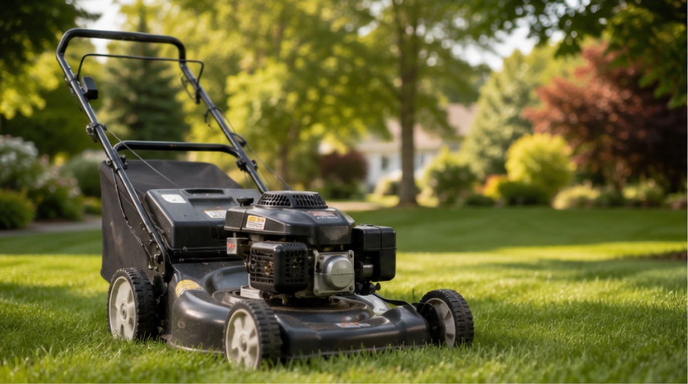 A push lawn mower on a green lawn that won't start