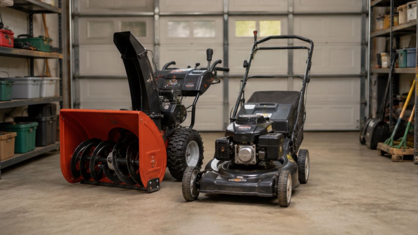 A snow blower and a lawn mower stored in a garage for the season